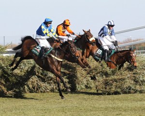 Runners jump the last fence in the Grand National. Pic: John Grossick