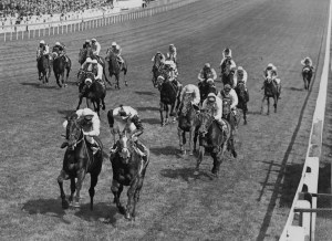 Roberto (second l), ridden by Lester Piggott, pips Rheingold (l), ridden by Ernie Johnson, to the post to win the Derby