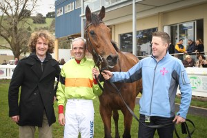 Ciaron Maher, Ruby Walsh, Bashboy and strapper after victory in the Australian Grand National. Pic: racing.com (Courtesy  of GBR).