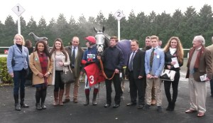 Sarah Hobbs (left) and connections after Brother Tedd won the feature hurdle race from Silvaniaco Conti and Low Key.